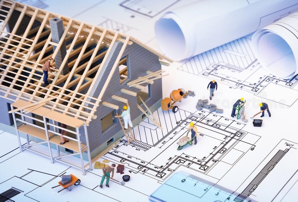 Imagem de uma casa sendo construída por diversos profissionais utilizando vários equipamentos de construção civil.