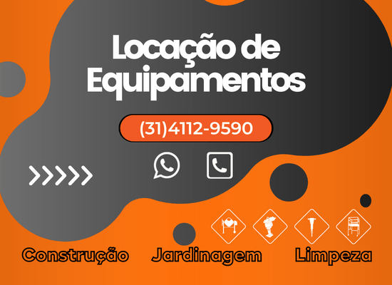 Banner alaranjado escrito Locação de Equipamentos e o telefone da loja Mundoloc (31) 4112-9590